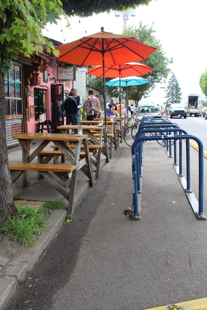 A bike corral on Portland's Mississippi. Bike infrastructure has been shown to benefit neighbouring small businesses. (Photo by Ash Kelly)